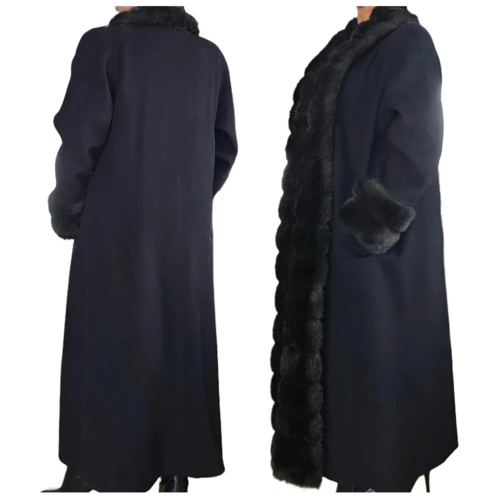 Vintage Wool & Vegan Fur Full Length Long Black Alorna Faux Fur Penny Lane Coat - Picture 5 of 7